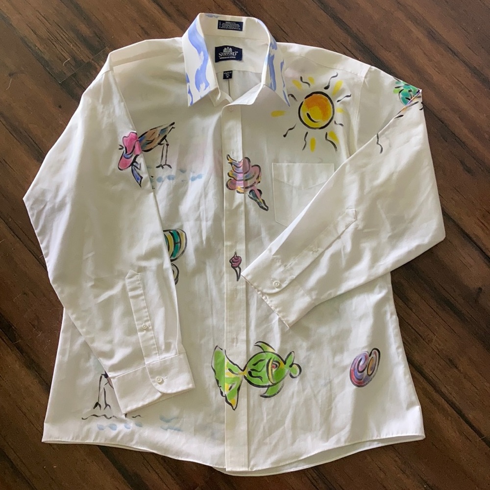 Men’s Vintage Stafford Wrinkle Free Cotton Watercolor Beach 🏖 Shirt XL